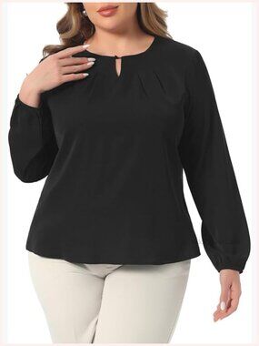 Plus Size Crew Neck Pleated Keyhole Long Sleeve Chiffon Blouse